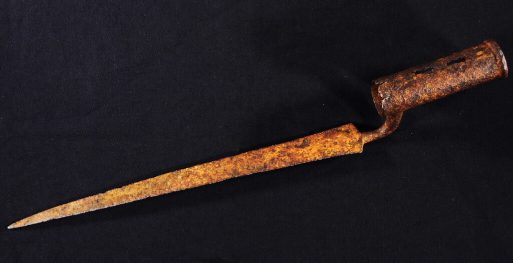 a hand-forged English bayonet, a model known as the “Brown Bess,” excavated at the site of the Battle of Saratoga, NY, circa 1777