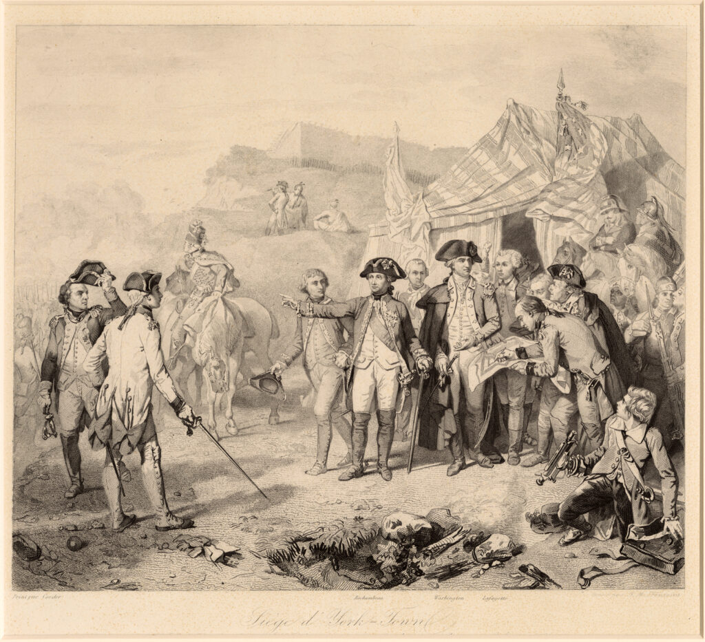 an engraving depicting the 1781 English defeat at Yorktown; engraving was modeled after Auguste Couder’s 1836 painting for the Battle Gallery at Versailles