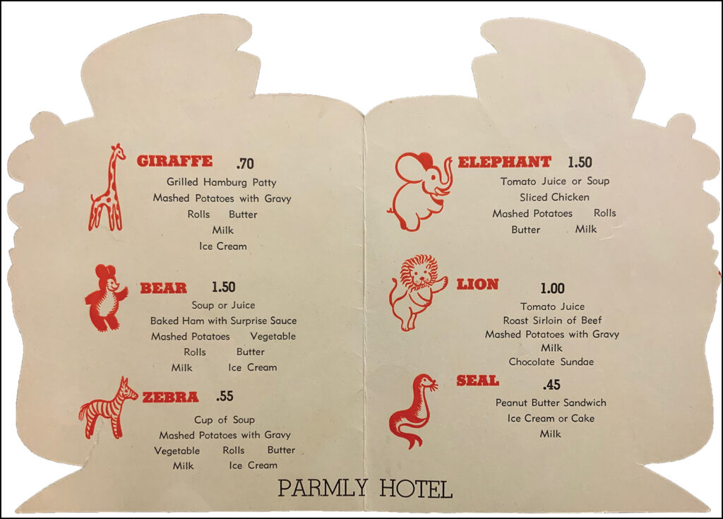 A children's menu from the Parmly Hotel with animal designs