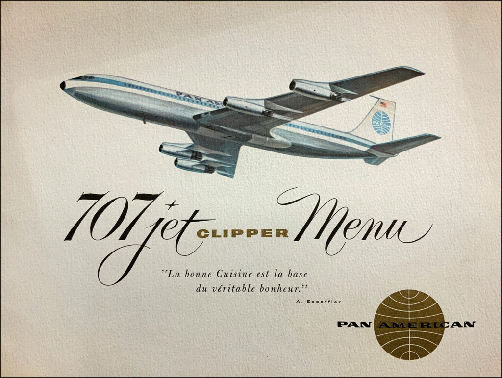 The cover of the 707 Jet Clipper Menu with a Pan Am plane