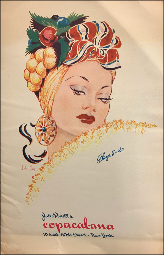 A menu from the Copacabana depicts a woman wearing fruit on her head.
