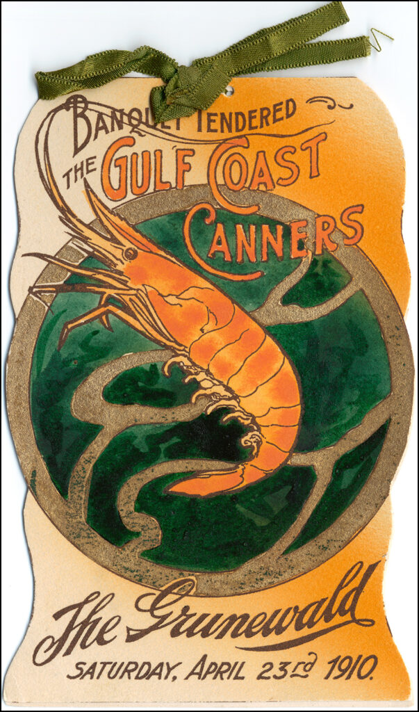 A menu from a banquet by the Gulf Coast Canners from 1910 depicts a crawfish