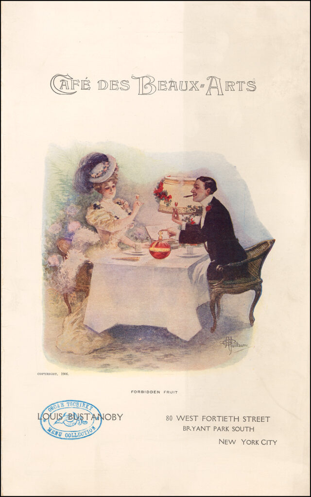 A menu from the Cafe des Beaux Arts with a well dressed couple on the cover