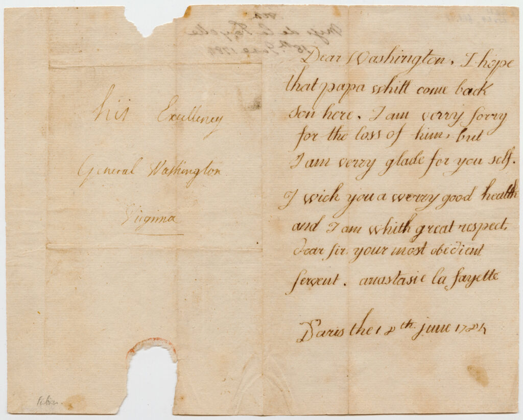 letter from Anastasie Louise Pauline de Lafayette to General George Washington, circa 1784