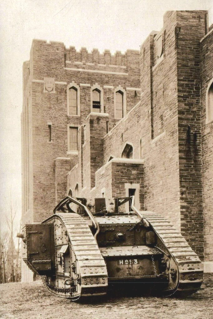 A closeup of the tank outside Barton Hall in 1926