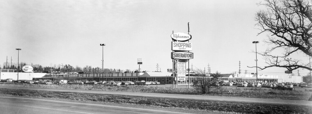 A black and white photo of Triphammer Marketplace from 1974.