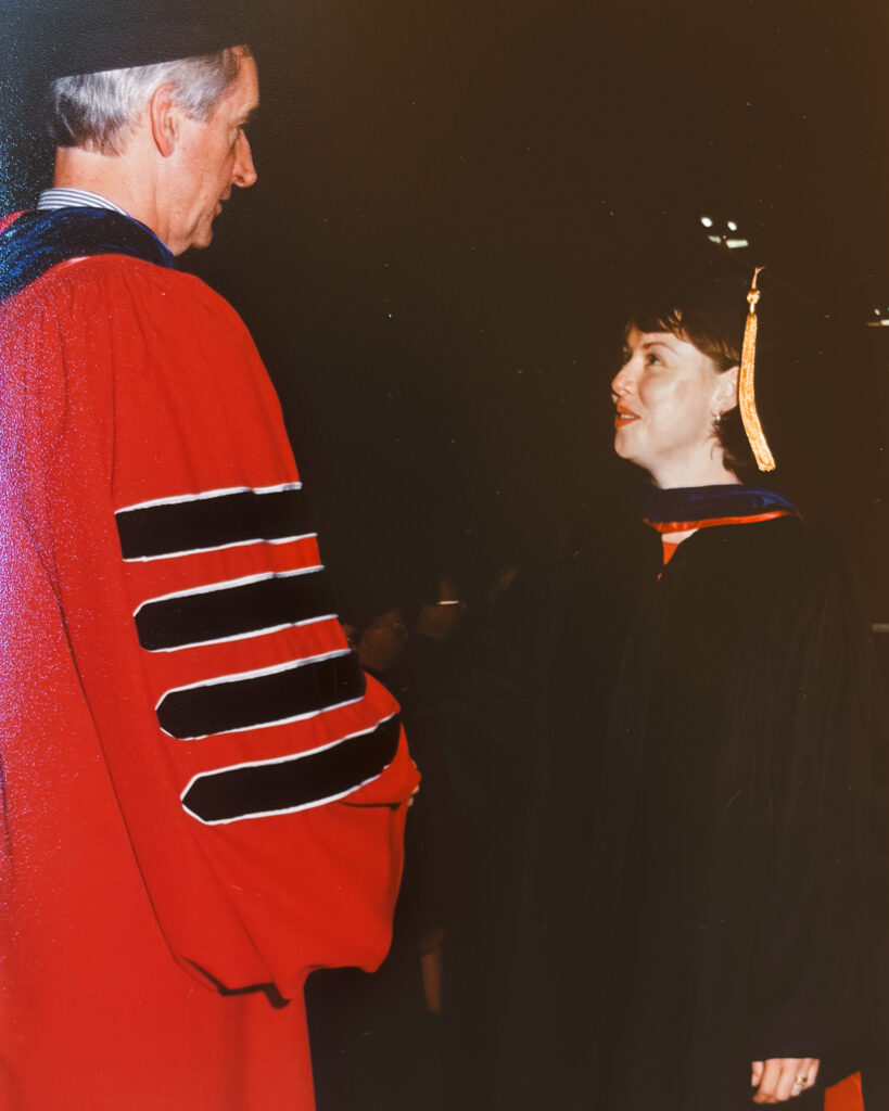 Margaret Weitekamp with then-President Hunter Rawlings at her PhD hooding ceremony in 2001