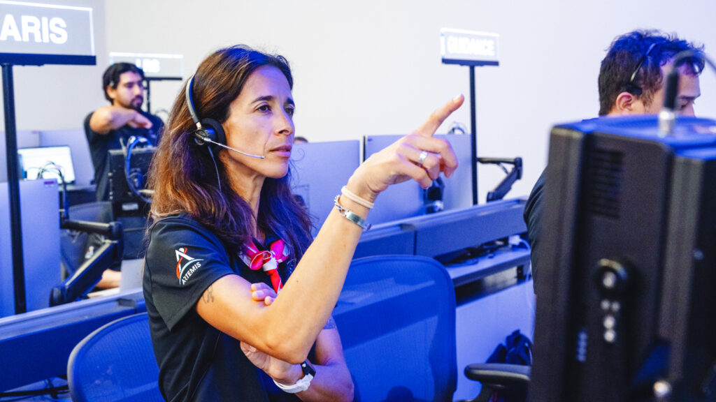 Açmae El Yacoubi in the Orion Mission Evaluation Room during Splashdownon 10 April 2026