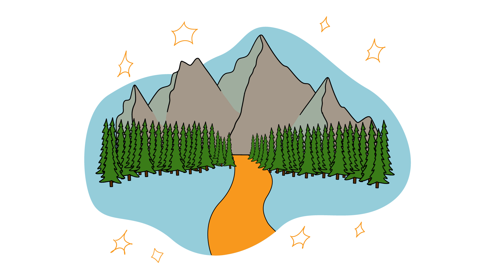 An illustration of an orange road leading to mountains and trees