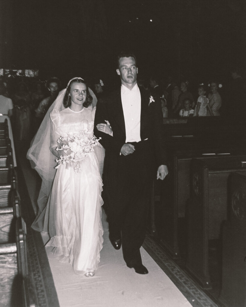 Shirley Dusinberre Durham ’48 & George Durham ’44, BME ’43 on their wedding day