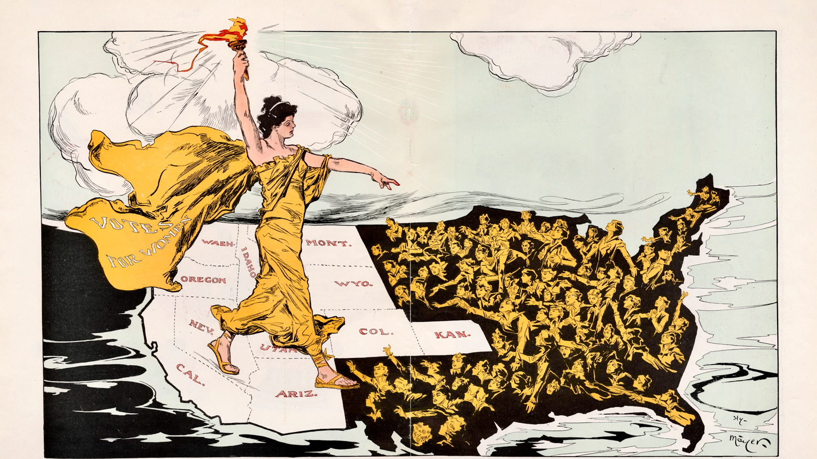 A map of the US showing Lady Liberty holding a torch and wearing a cape that says Votes for Women, as many women reach out to her
