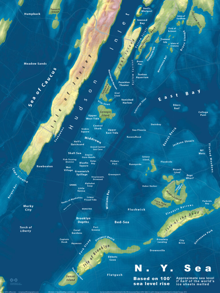 A map depicting what the NYC area would look like if sea levels rise by 100 feet