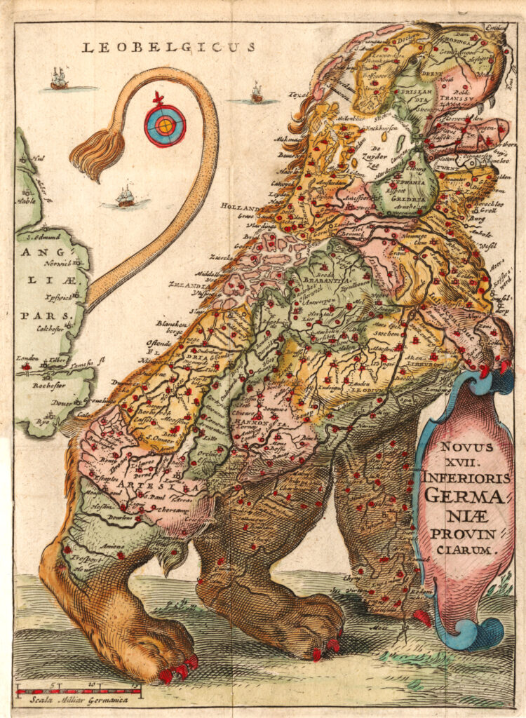 An illustrated map of parts of Europe in the shape of a lion