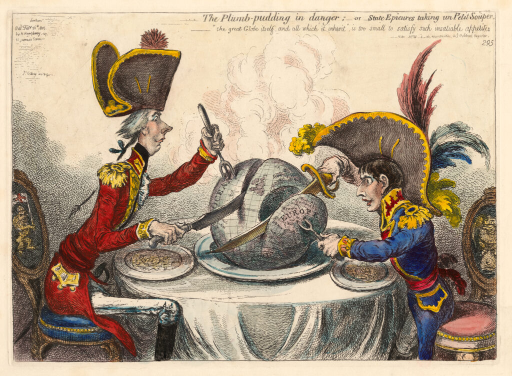 A satirical illustration shows the leaders of France and England carving up the globe as though it were a piece of meat