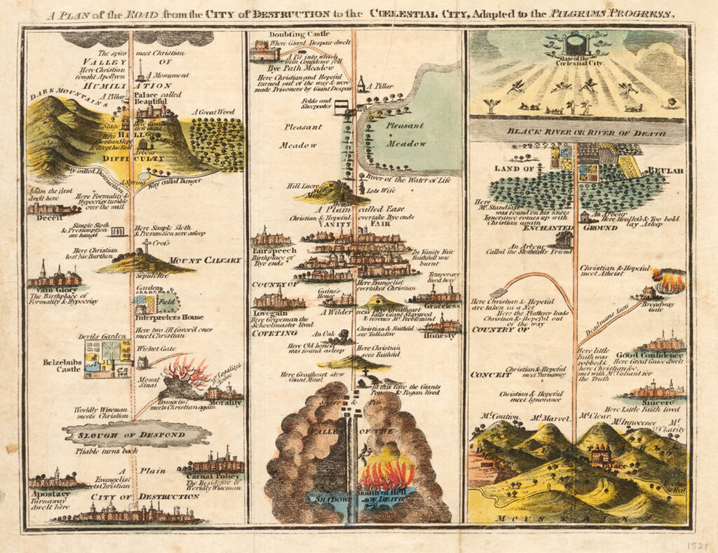 An illustration titled "A Plan of the Road from the City of Destruction to the Celestial City, Adapted to the Pilgrims Progress" shows various steps on the road to salvation of damnation