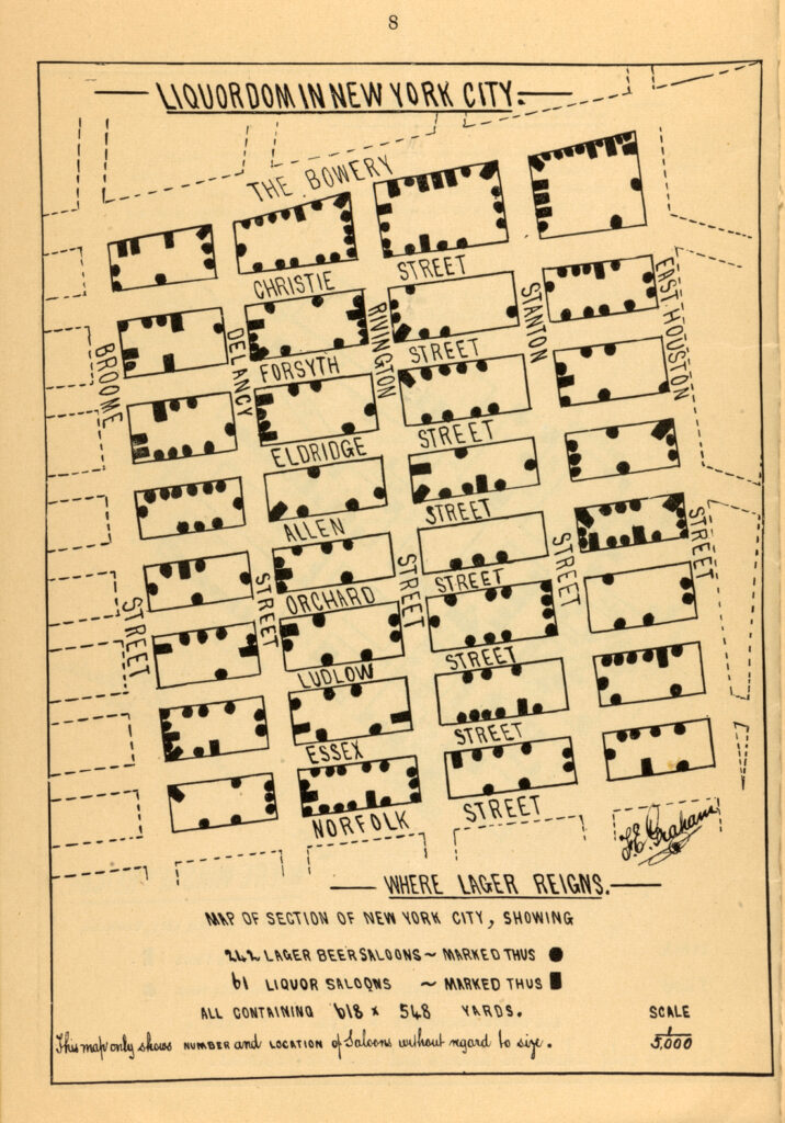 A vintage street map depicting all the taverns in parts of NYC