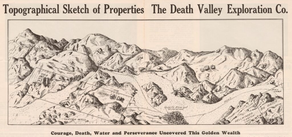 A promotional brochure for the sale of shares in The Death Valley Exploration Company is titled "Topographical Sketch of Properties | The Death Valley Exploration Co." and shows fake roads and mines, with the text "Courage, Death, Water and Perseverance Uncovered This Golden Wealth" below