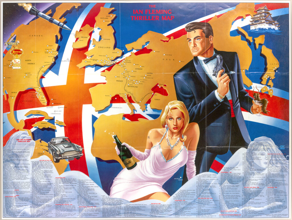 The "Ian Fleming Thriller Map" shows and illustration of James bond, a woman in a pink dress holding a bottle of Champagne, and Aston Martin car, the silhouettes of two naked women, and a map of the world showing all the locations of some of the James Bond books