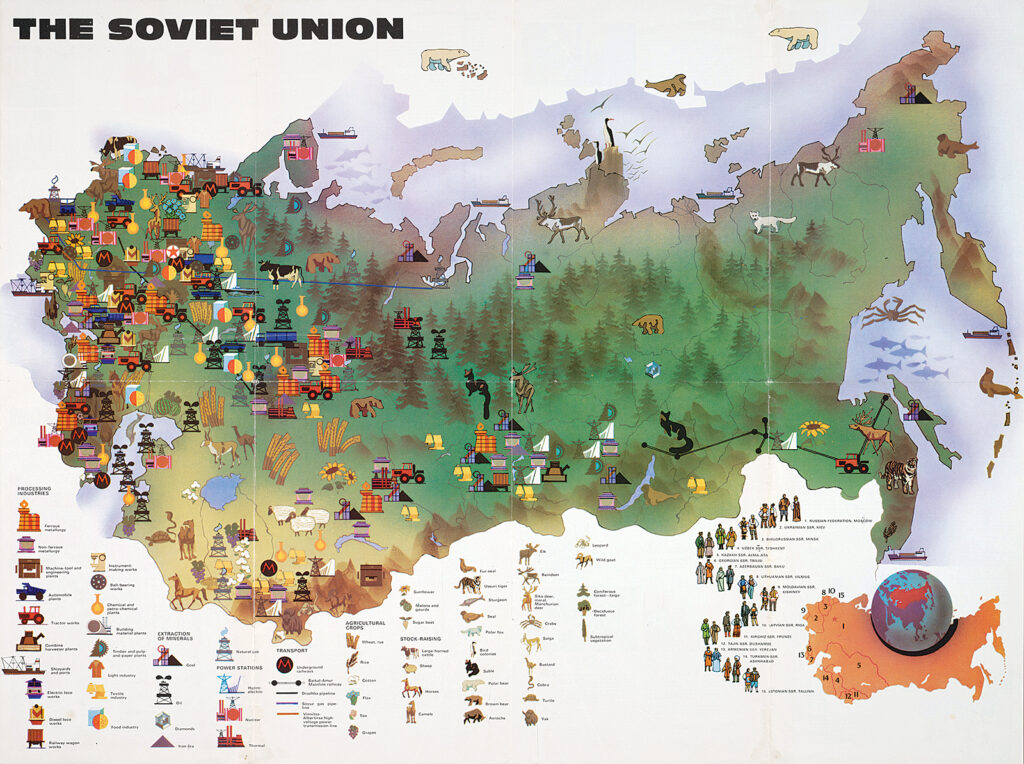 A map of the Soviet Union depicts its various kinds of industry and resources