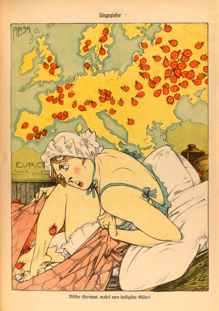 A n illustration showing a map of Europe covered in red Beetles, with a woman in bed with bugs climbing on her, and German writing