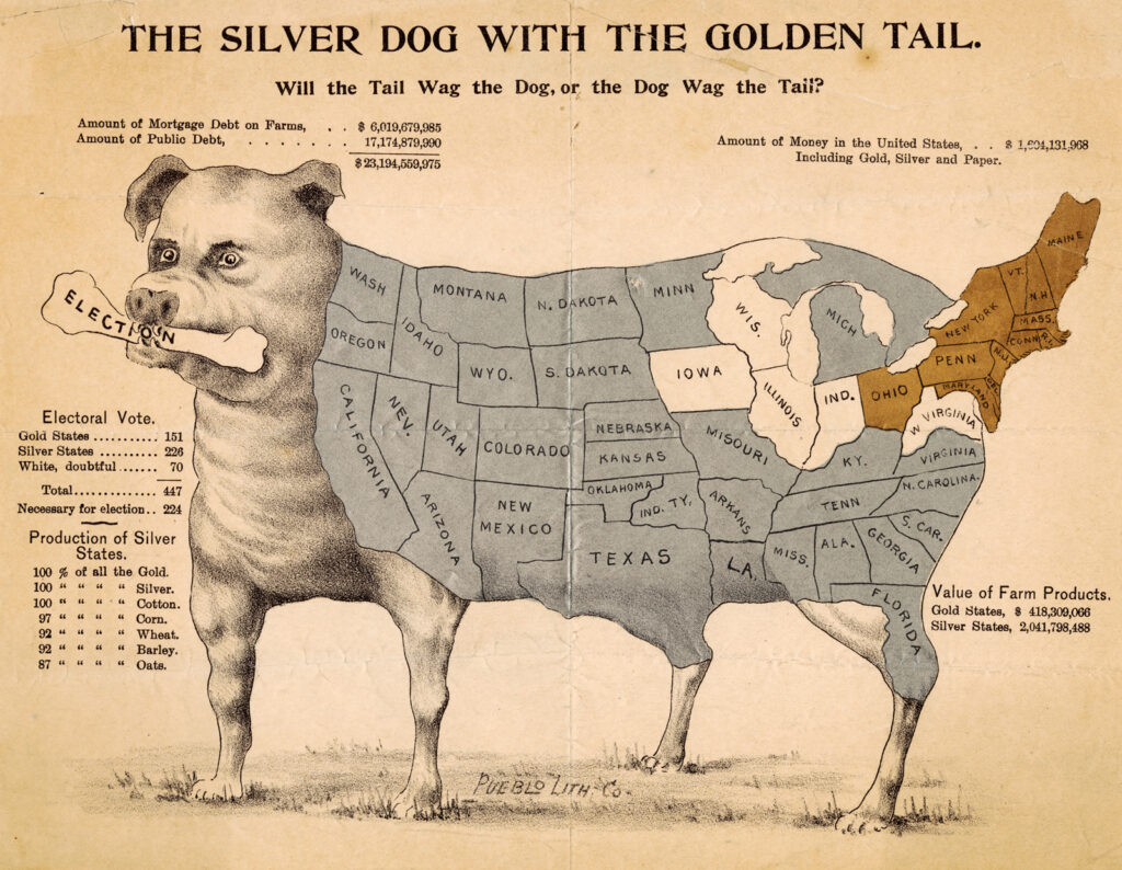 A map of the U.S. illustrated as part of a dog's body, titled "The Silver Dog With the Golden Tail"