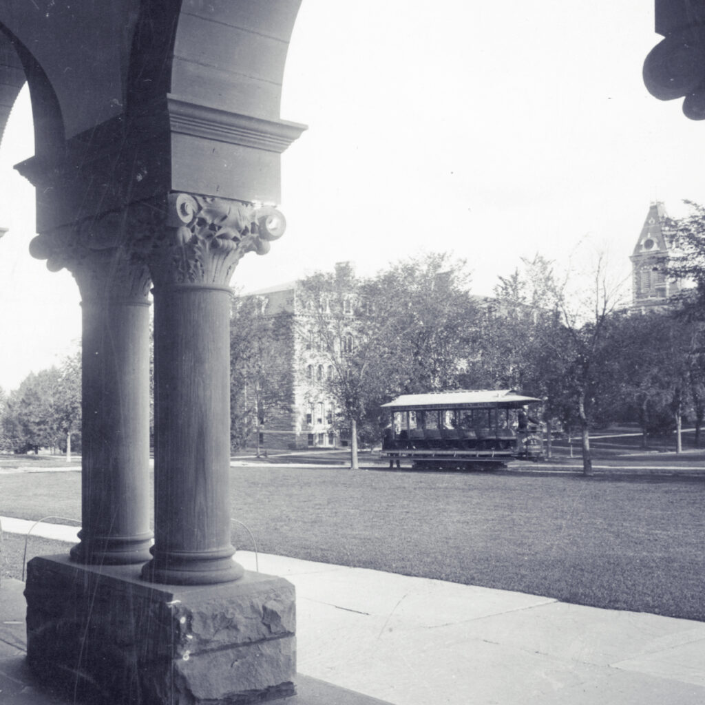 The trolley runs across the Arts Quad