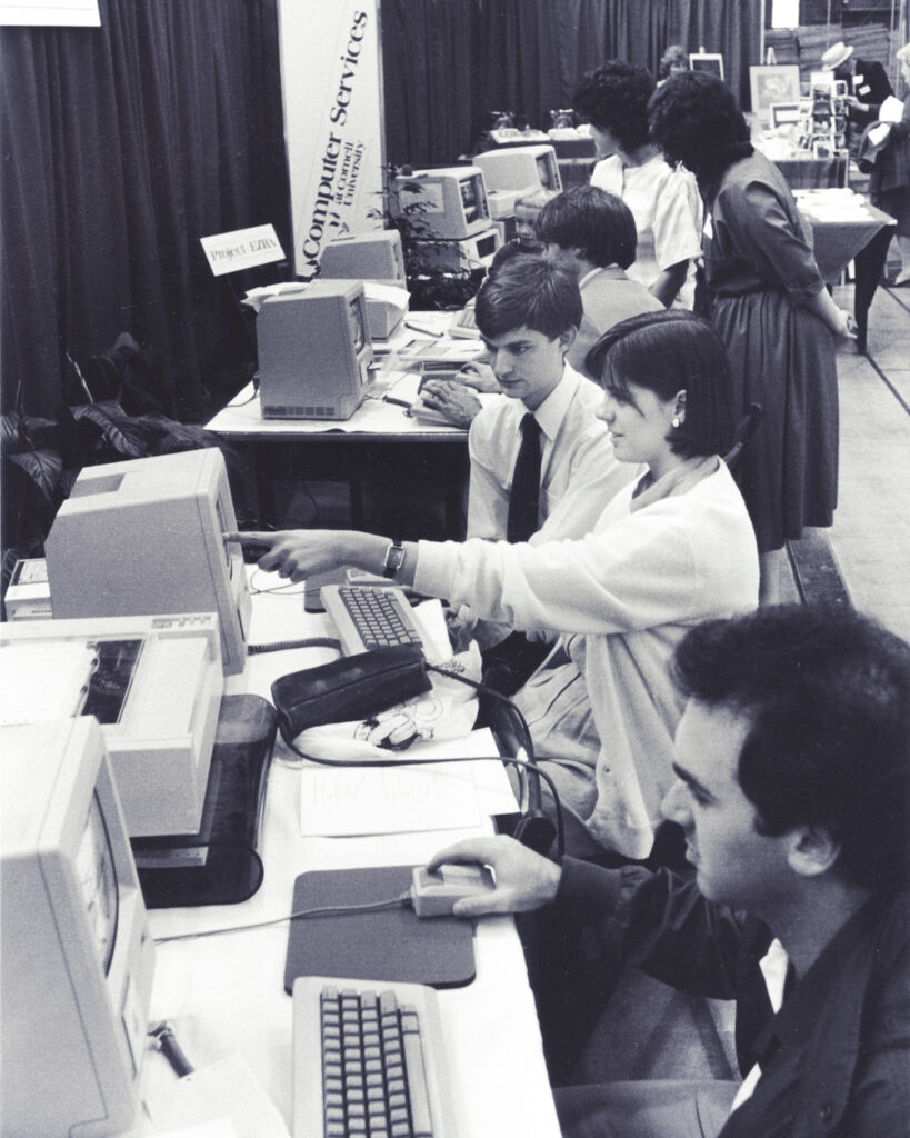 Students work in a computer lab in the 1980s