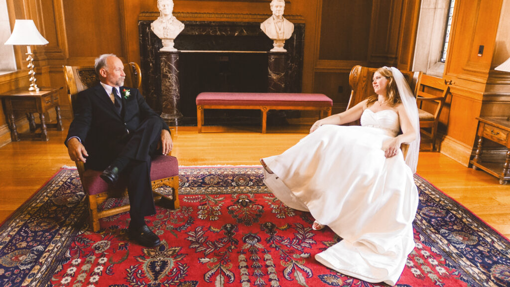 Kristi Snyder ’97, BA ’98 (right) awaits her nuptials in Anabel Taylor’s Founder’s Room