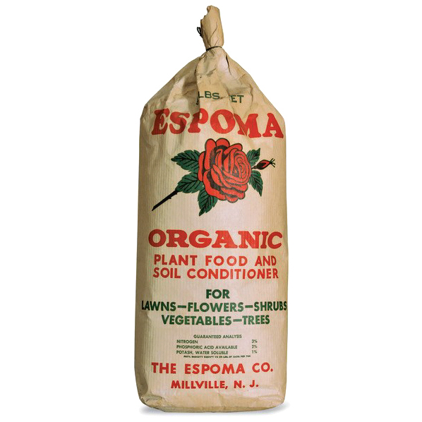 A vintage bag of Espoma fertilizer featuring a rose graphic on the front.