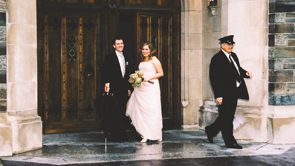 Melanie Acostavalle West ’99 & Douglas West ’98 on their wedding day