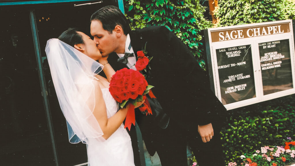Stella Xu ’98 & Brad Phinney ’99 outside Sage Chapel