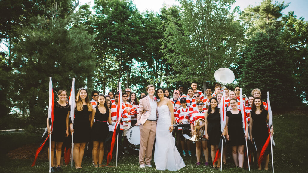 Morgan Dickens ’08 (left) and Michelle Moyal, DVM ’07, with the Pep Band