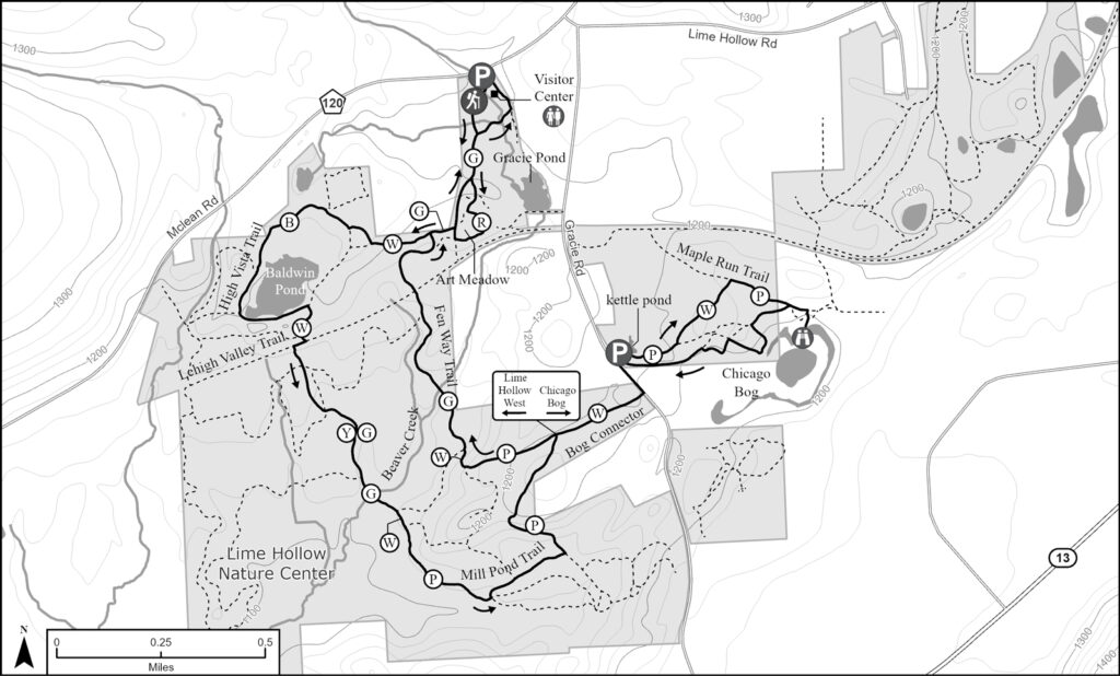 A map showing a hike at the Lime Hollow Nature Center