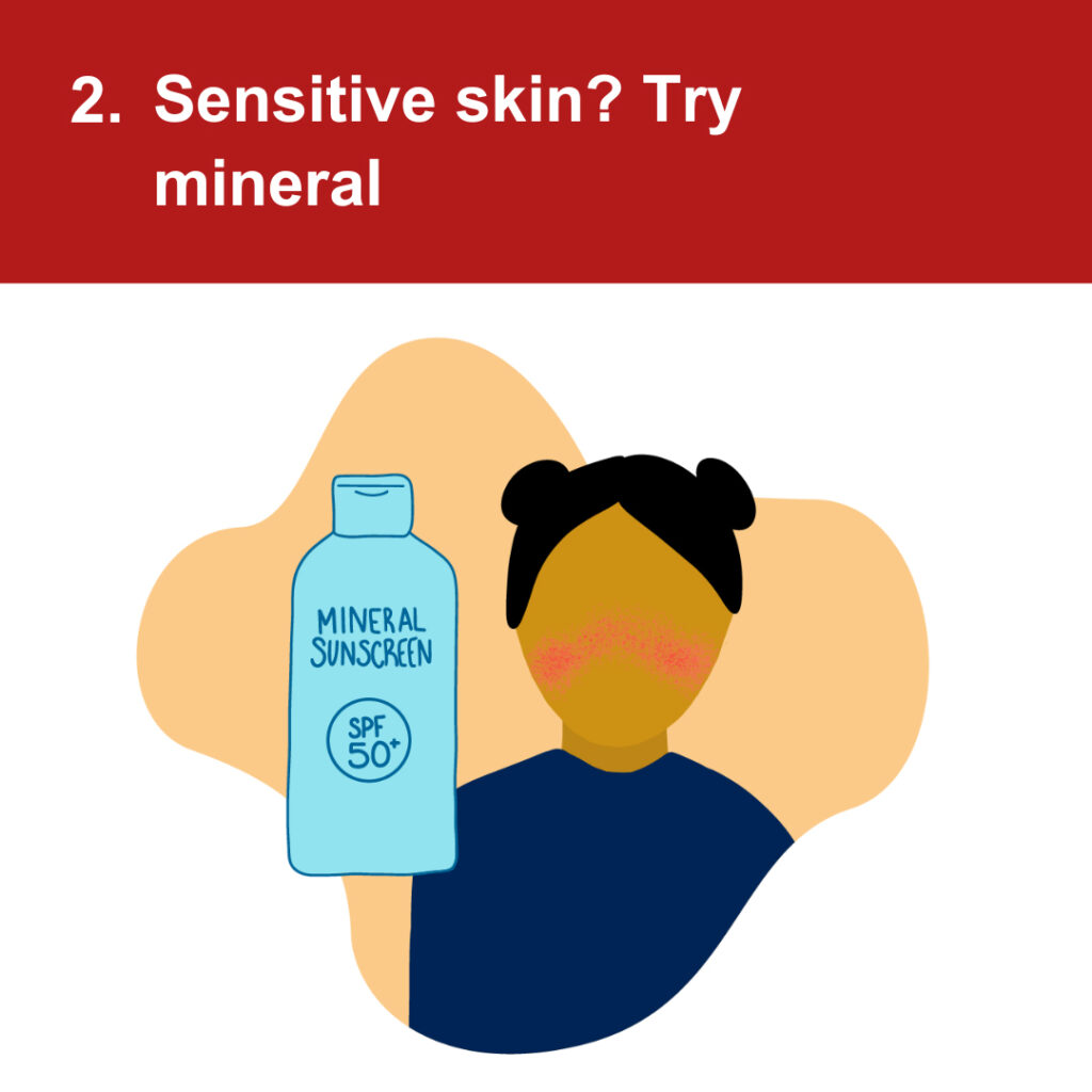 An illustration of a bottle of mineral sunscreen and a person with a facial rash under the heading "2. Sensitive skin? Try mineral"