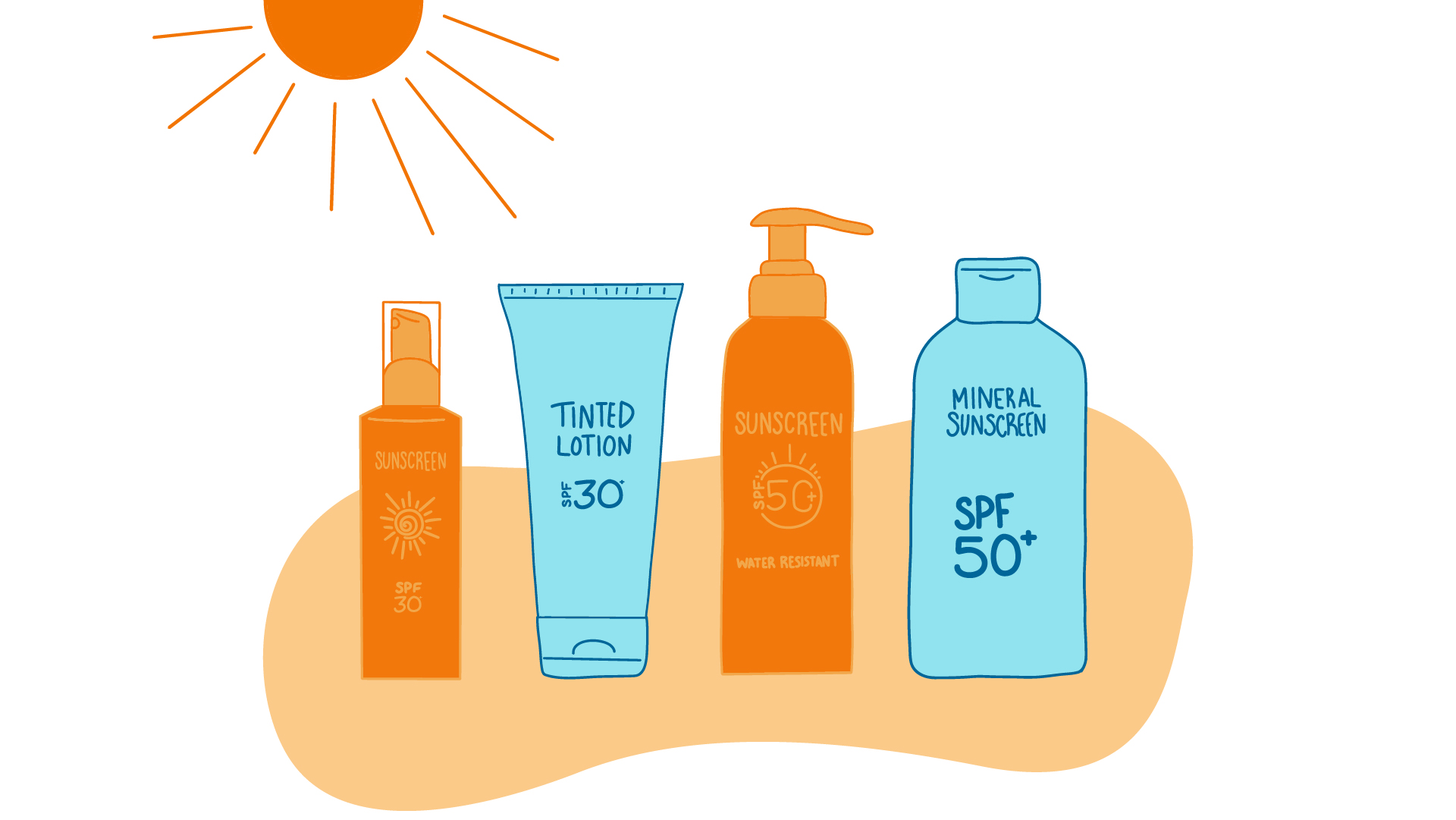 An illustration of four bottles of sunscreen with various SPF levels and ingredients
