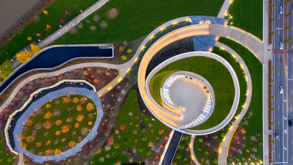 Aerial photo by Brad Feinknopf ’86 of the National Veterans Memorial and Museum in Columbus, OH and its surrounding grounds and pathways
