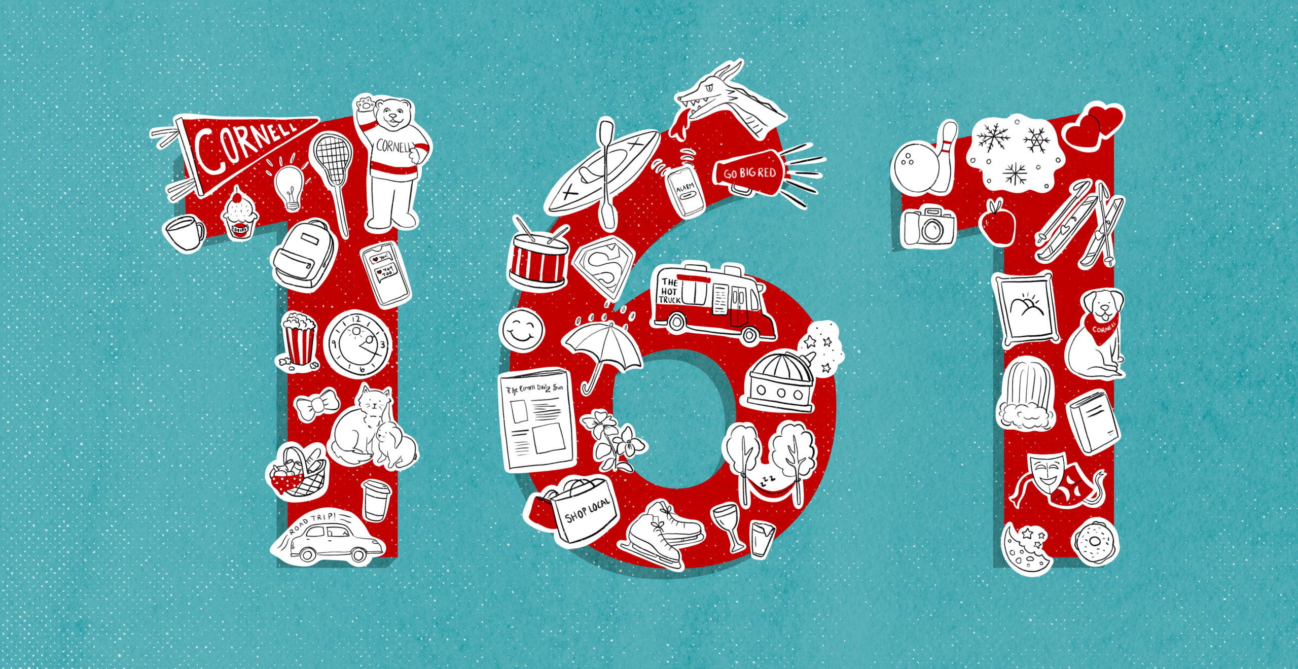 illustration of the numeral "161" in red on a turquoise background with whimsical icons of Cornell University-related items, swag, activities, and places covering the numerals