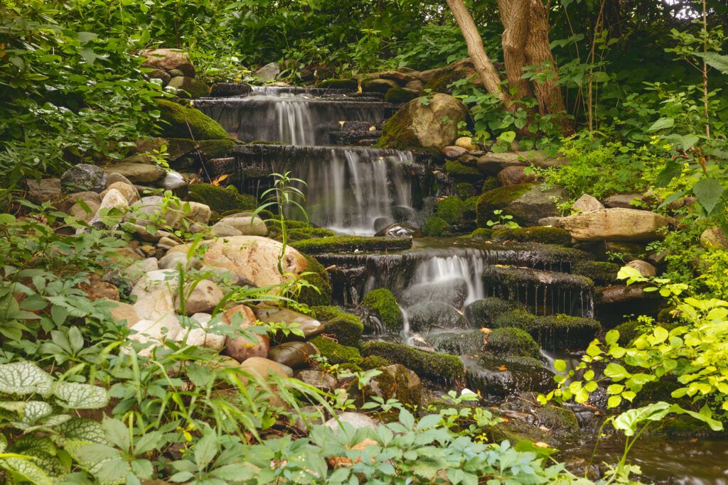 the multilevel small waterfalls at Ruth Uris Garden near the A.D. White House