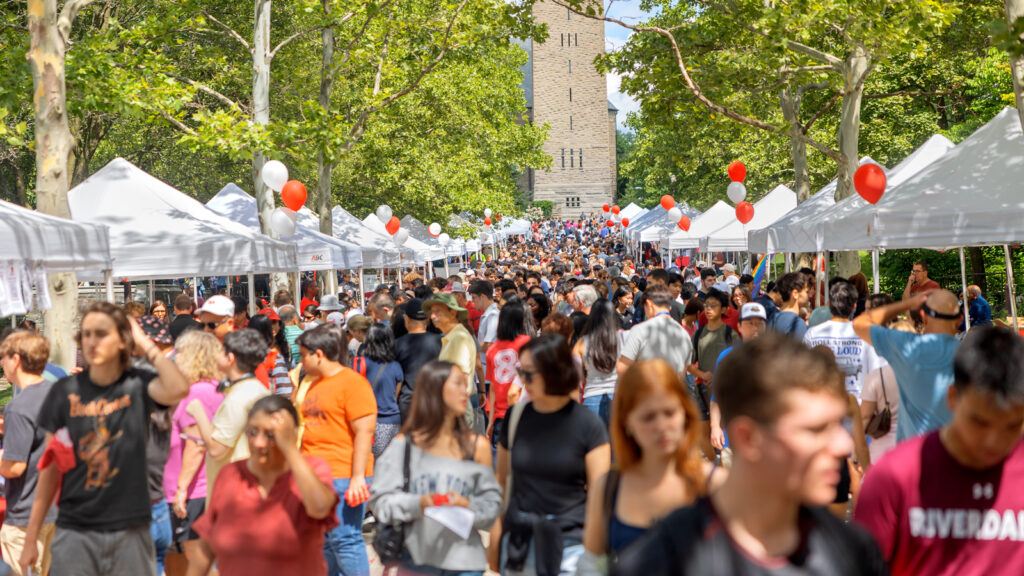 Information tents, balloons, and students and families line Ho Plaza during the Big Red Welcome Fest, August 2026