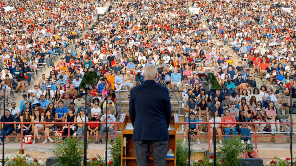 President Michael Kotlikoff addresses the crowd during New Student Convocation Aug. 18, 2026 at Schoellkopf Field