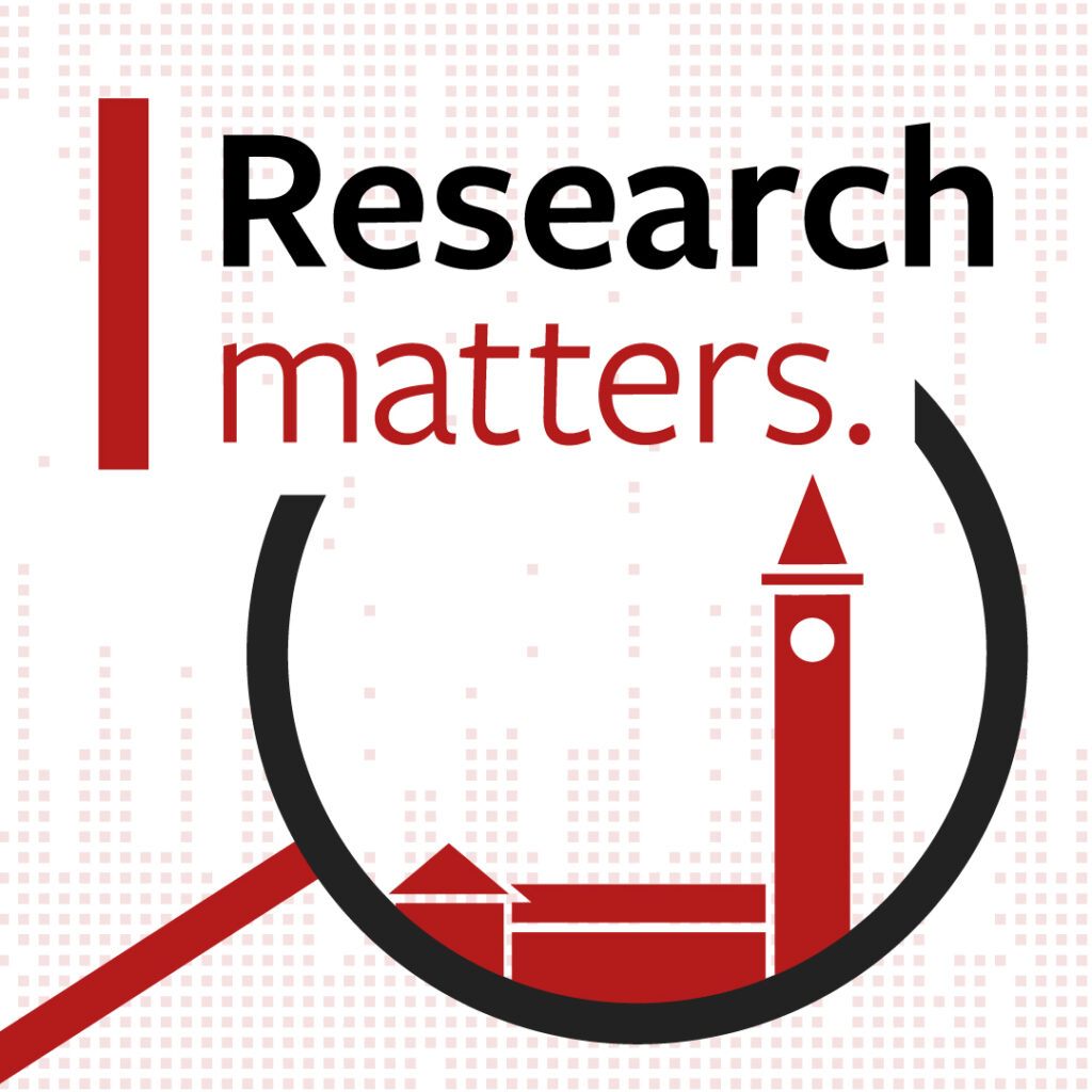 The logo of the Research Matters podcast shows the Cornell tower and Uris Library under a magnifying glass