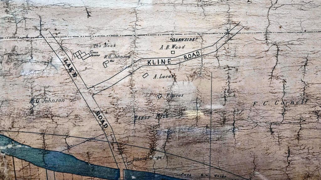 A vintage map showing the location of the Nook near Lake Street and Kline Road