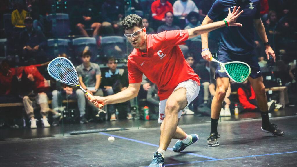 Veer Chotrani swings his racquet while playing squash during a Cornell squash competition.