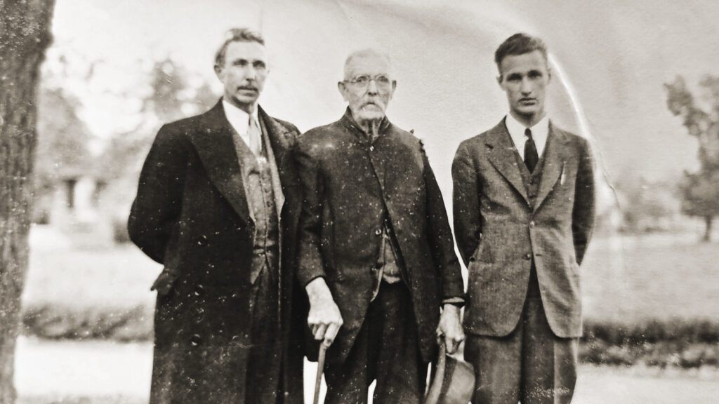 A vintage black and white photo of (left to right) Ralph Ferris, David Addison Ferris, and Howard Ferris