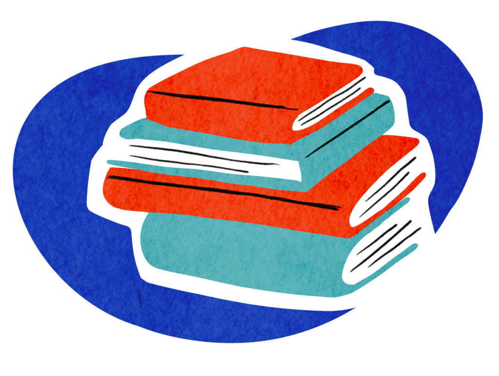 three-color illustration of a stack of four books on a dark blue background