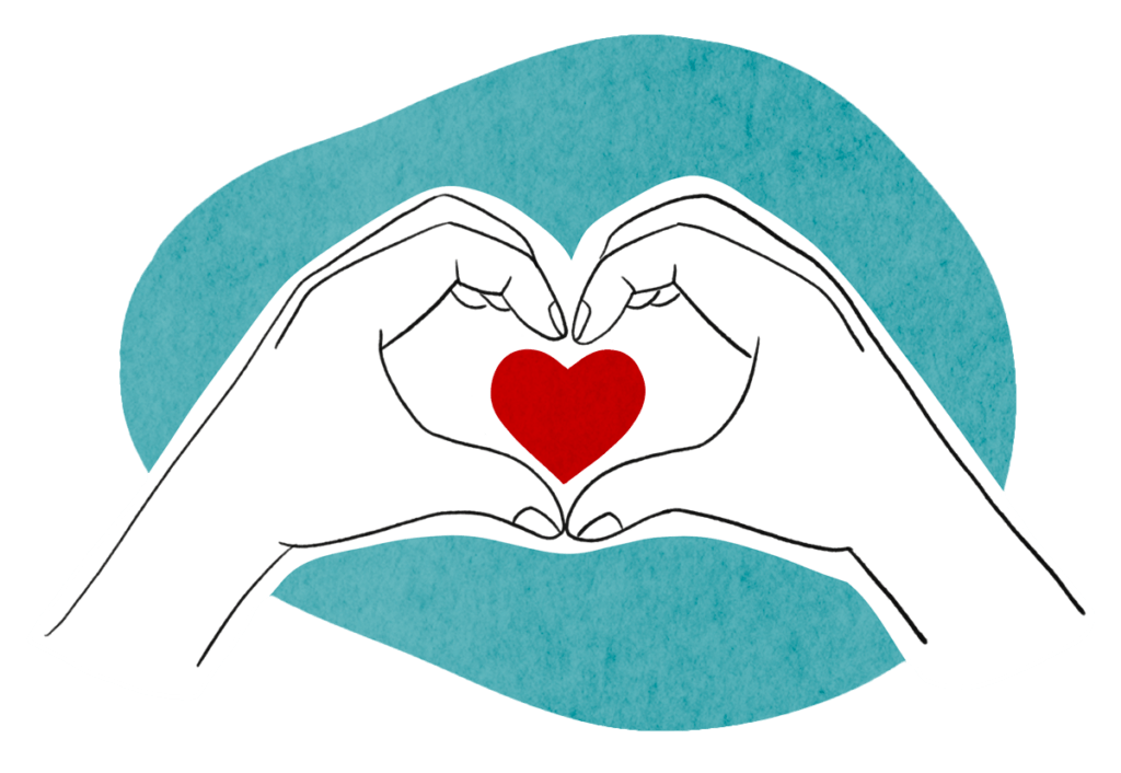 two-color illustration of two hands making the "heart" shape sign with a smaller red heart in the space on a turquoise background