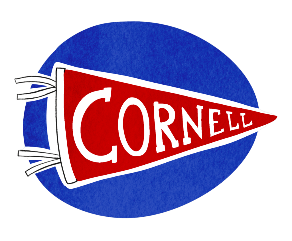 two-color illustration of a Cornell pennant on a blue circle background