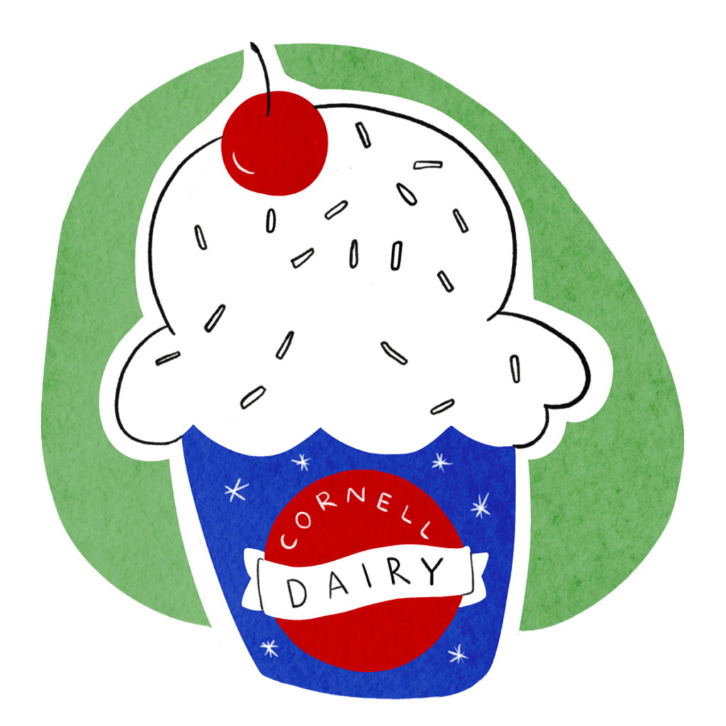 three-color illustration of a "Cornell Dairy" branded ice cream cone on a green background