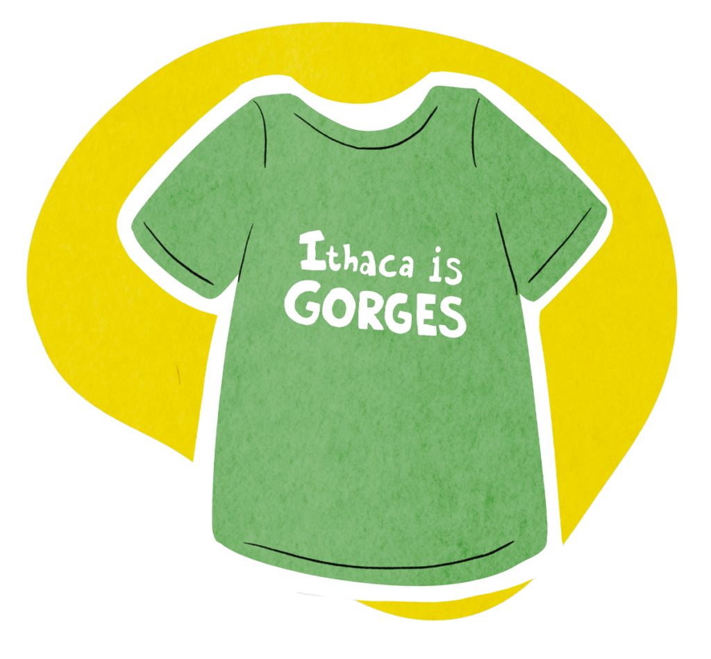 two-color illustration of a green "Ithaca is Gorges" t-shirt on a yellow background