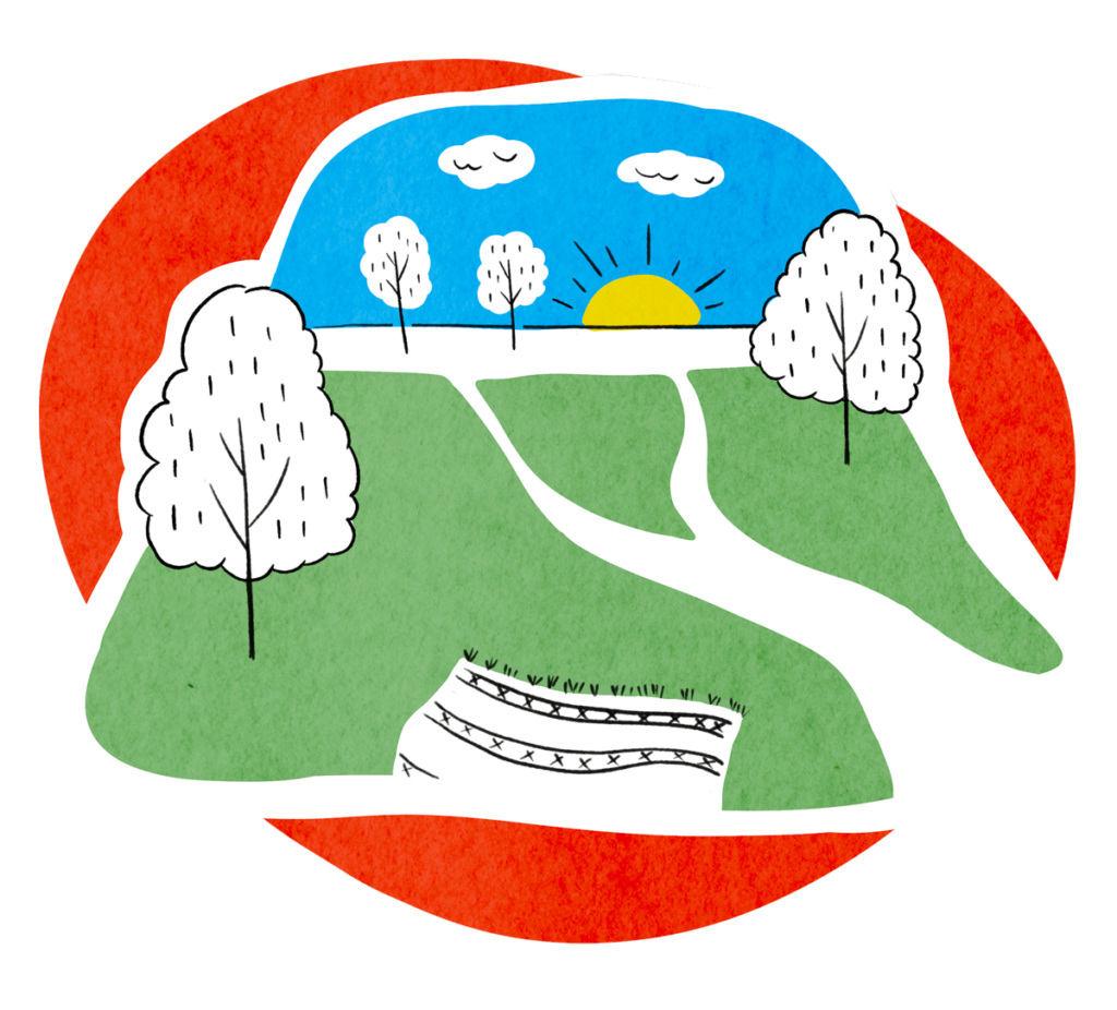 four-color illustration of Libe Slope, showing the edge of a picnic blanket, the Slope and trees, and a sunset and blue sky in the distance on an orange-red background